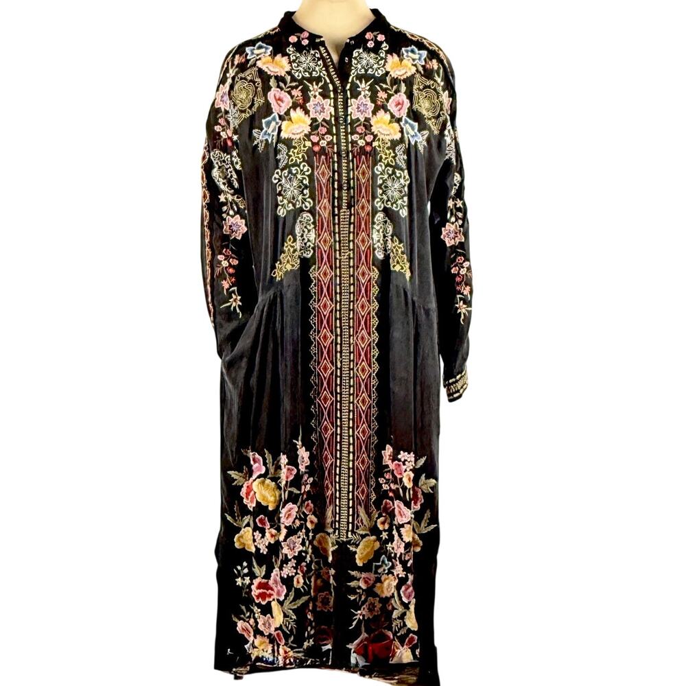 Biya by Johnny Was Black Embroidered Long Sleeve Cupra Rayon Dress sz Med